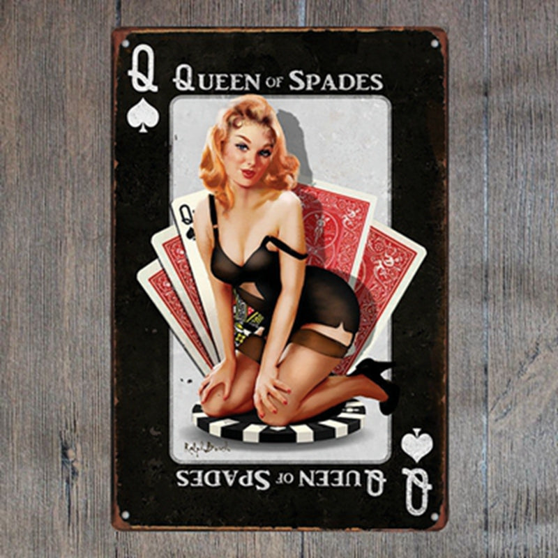 TIN SIGN QUEEN OF SPADES CARDS LADY