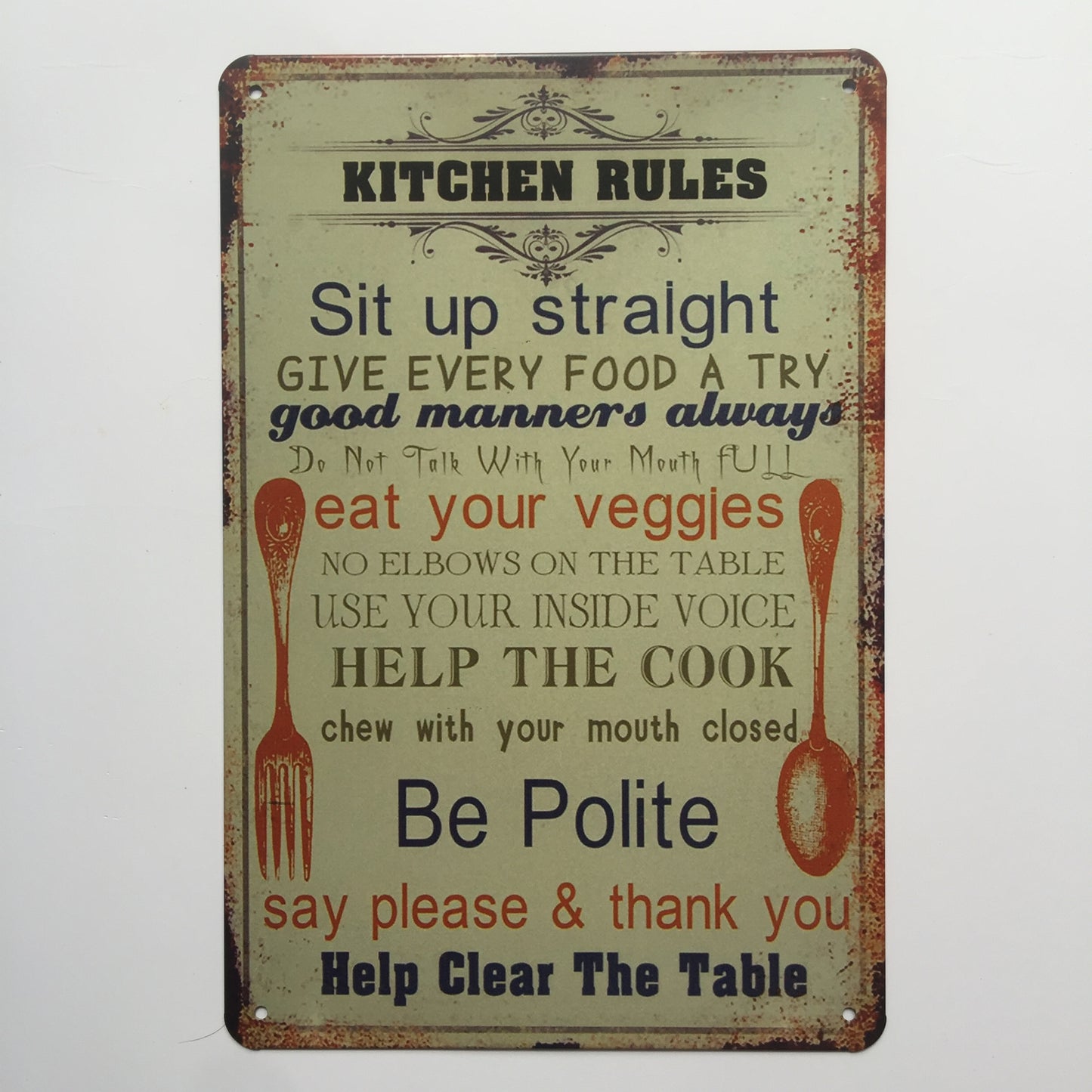 TIN SIGN KITCHEN RULES SIT UP STRAIGHT