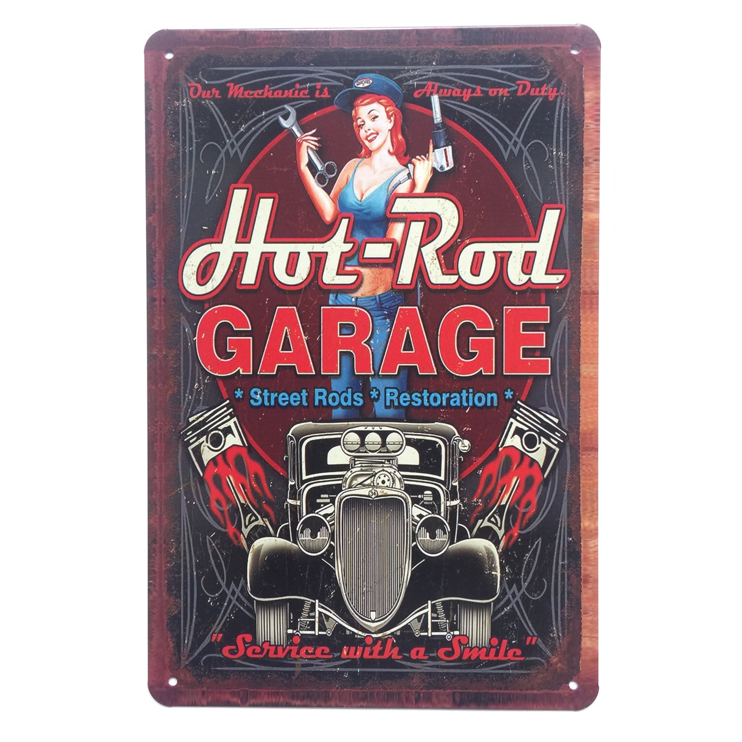TIN SIGN HOT ROD GARAGE SERVICE WITH A SMILE