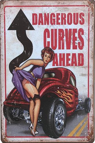 TIN SIGN DANGEROUS CURVES AHEAD