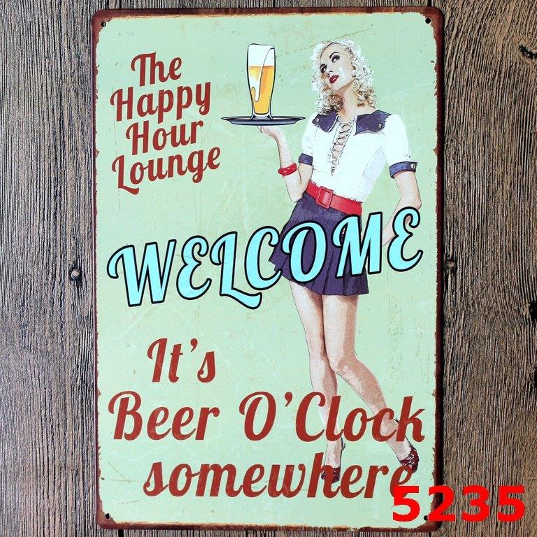 TIN SIGN THE HAPPY HOUR LOUNGE WELCOME LADY