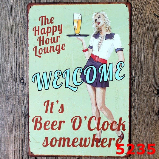 TIN SIGN THE HAPPY HOUR LOUNGE WELCOME LADY