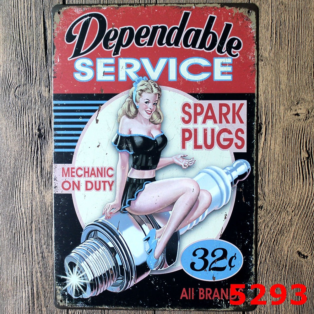 TIN SIGN DEPENDABLE SERVICE SPARK PLUG LADY