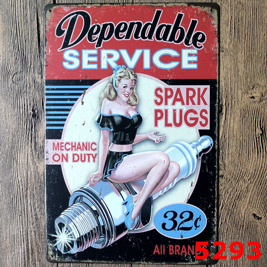TIN SIGN DEPENDABLE SERVICE SPARK PLUG LADY