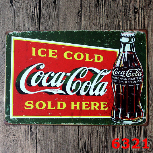 TIN SIGN ICE COLD COCA COLA SOLD HEREgreen and red