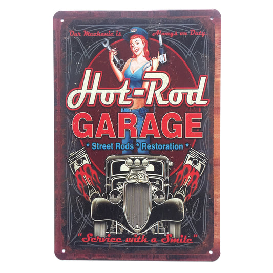 TIN SIGN HOT ROD GARAGE SERVICE WITH A SMILE