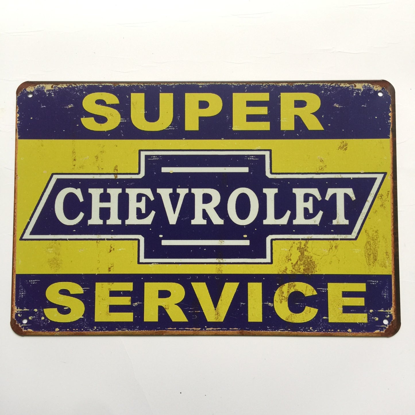 TIN SIGN SUPER CHEVROLET SERVICE blue and yellow