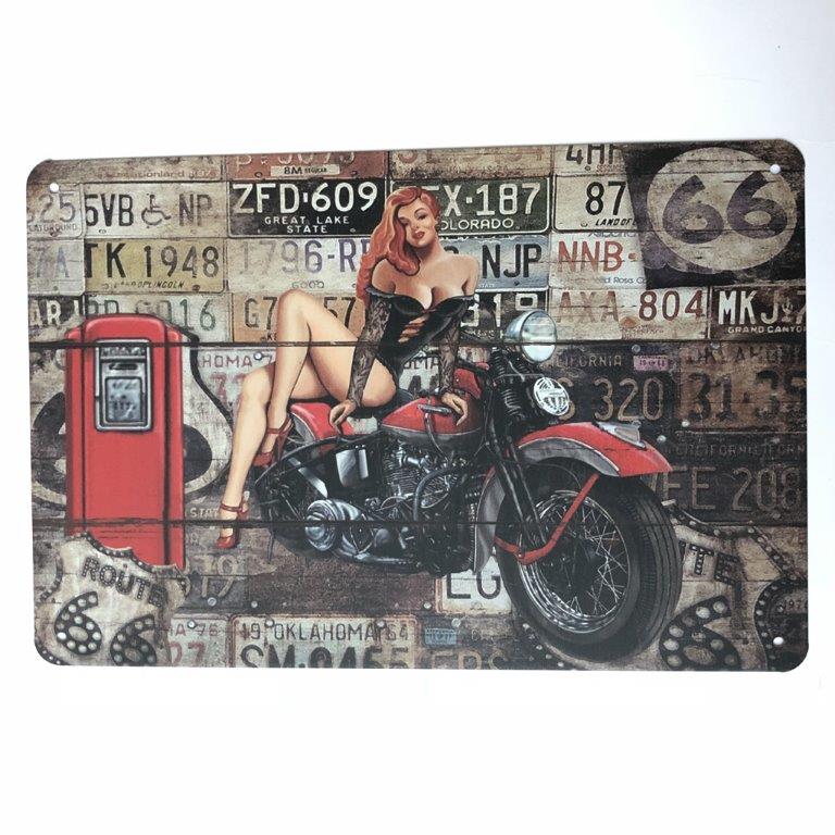 TIN SIGN GIRL SITTING ON BIKE NUMBER PLATE BACK