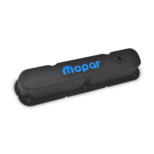 ROCKER COVERS MOPAR SB BLACK CRINKLE BLUE LOGO