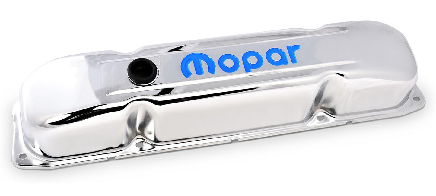 ROCKER COVERS MOPAR BB CHROME WITH BLUE LOGO