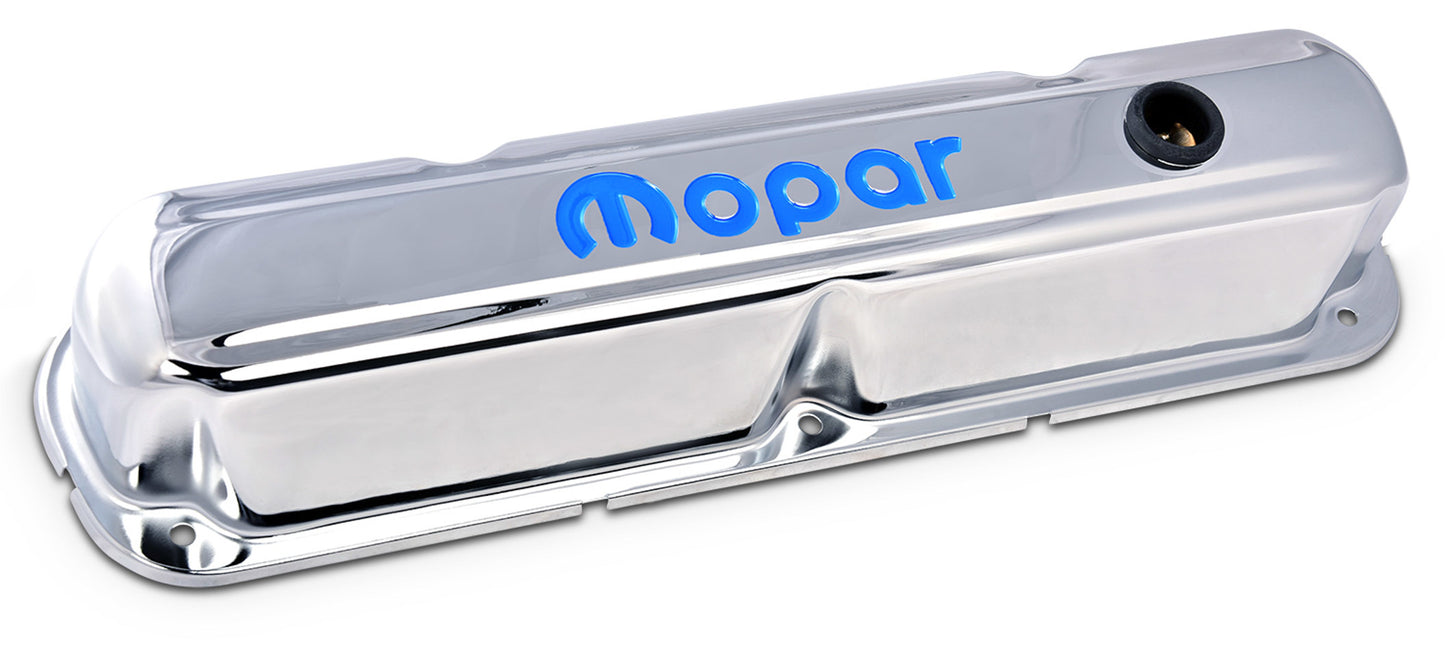 ROCKER COVERS MOPAR SB CHROME with BLUE LOGO