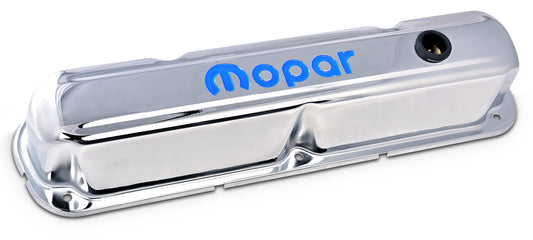 ROCKER COVERS MOPAR SB CHROME with BLUE LOGO