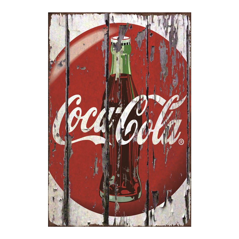TIN SIGN COCA COLA BOTTLE OLD WOOD LOOK
