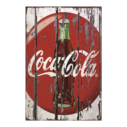 TIN SIGN COCA COLA BOTTLE OLD WOOD LOOK