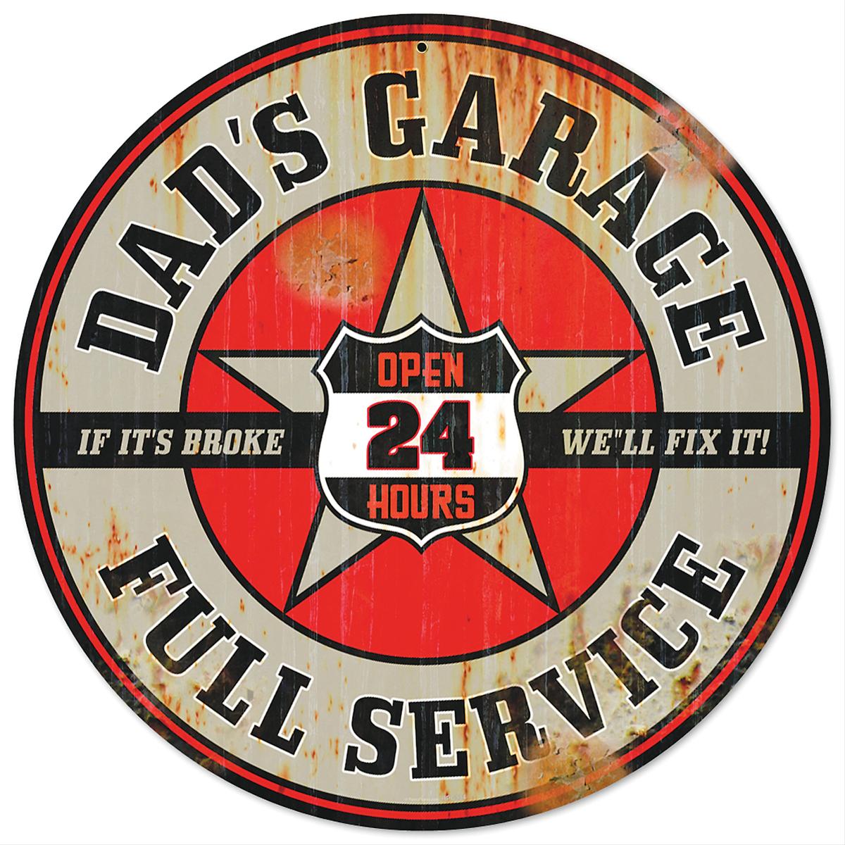 TIN SIGN DAD'S GARAGE 14in Round